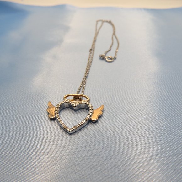 14k *925 Sterling Silver Diamond Heart Angel Necklace - Picture 1 of 2